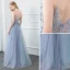 Sexy Himmelblau Ballkleider 2020 A Linie Spaghettiträger Perlenstickerei Kristall Pailletten Perle Ärmellos Rückenfreies Gespaltete Front Lange Festliche Kleider
