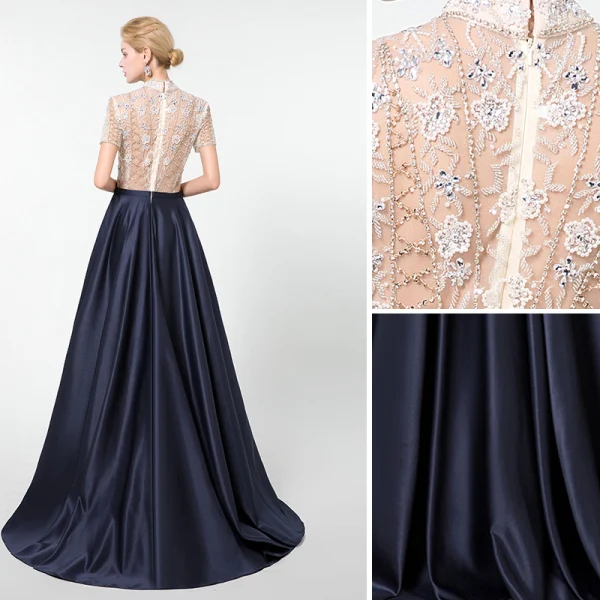 Vintage / Originale Bleu Marine Fait main Perlage Robe De Soirée 2020 Princesse Col Haut Faux Diamant Cristal Paillettes Manches Courtes Longue Robe De Ceremonie