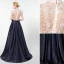 Vintage / Originale Bleu Marine Fait main Perlage Robe De Soirée 2020 Princesse Col Haut Faux Diamant Cristal Paillettes Manches Courtes Longue Robe De Ceremonie