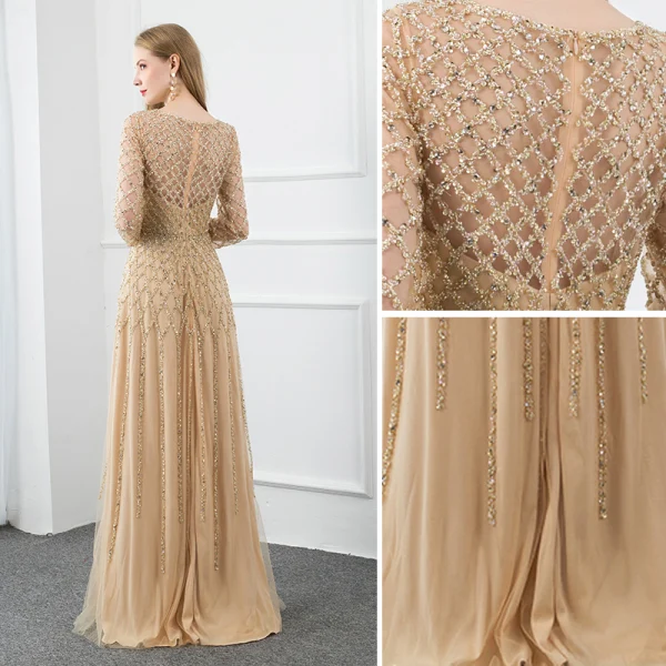 High-end Gold Handmade Evening Dresses 2020 A-Line / Princess Scoop Neck Beading Pearl Sequins Long Sleeve Floor-Length / Long Formal Dresses