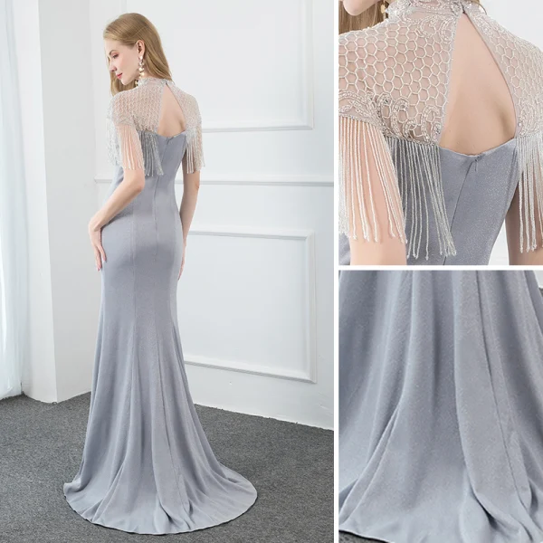 Elegante Silber Grau Abendkleider 2020 Meerjungfrau Stehkragen Perlenstickerei Quaste Kurze Ärmel Rückenfreies Sweep / Pinsel Zug Festliche Kleider