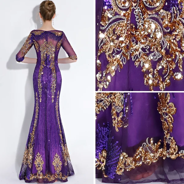 Scintillantes Grape Robe De Soirée 2018 Trompette / Sirène Glitter Paillettes Brodé Encolure Dégagée 1/2 Manches Longue Robe De Ceremonie