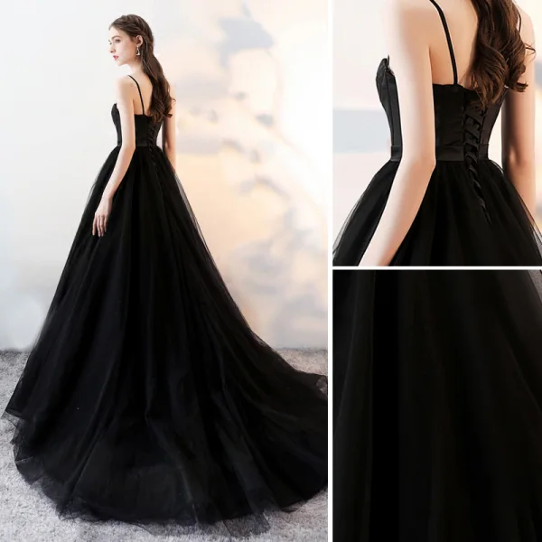 Elegante Schwarz Ballkleider 2018 A Linie Spaghettiträger Rückenfreies Ärmellos Sweep / Pinsel Zug Festliche Kleider