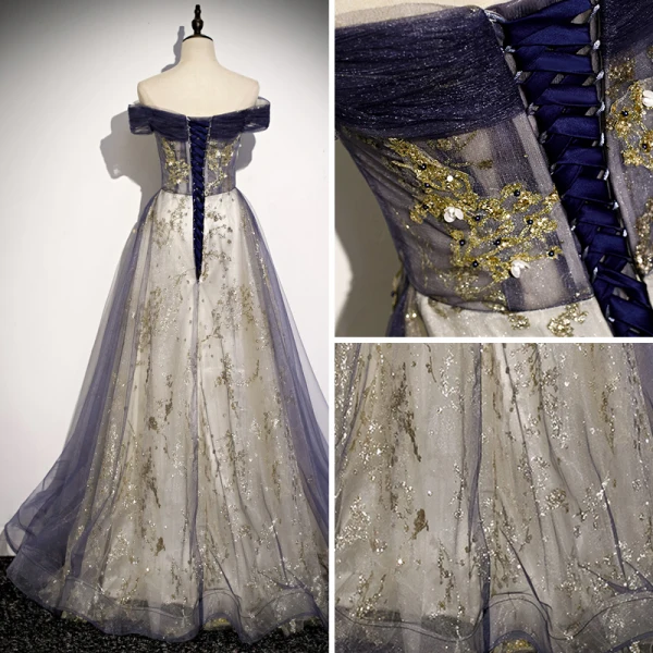 Fashion Purple Gold Glitter Evening Dresses 2020 A-Line / Princess Off-The-Shoulder Beading Rhinestone Pearl Sequins Sleeveless Backless Floor-Length / Long Formal Dresses