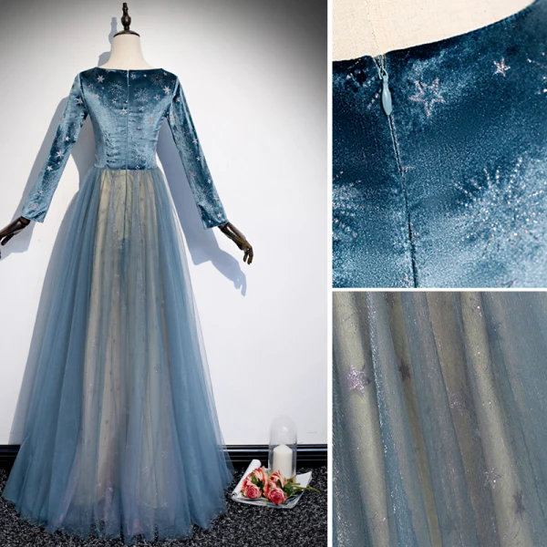 Elegant Pool Blue Star Prom Dresses 2020 A-Line / Princess Suede V-Neck Long Sleeve Floor-Length / Long Formal Dresses