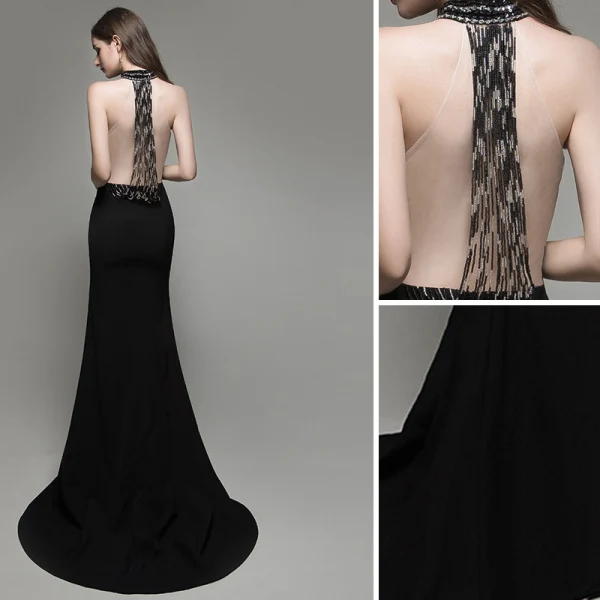 Sexy Couleur Unie Noire Robe De Soirée 2020 Trompette / Sirène Titulaire Perlage Sans Manches Dos Nu Train De Balayage Robe De Ceremonie