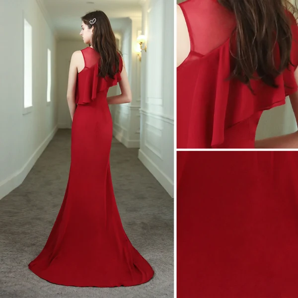 Chic / Belle Couleur Unie Rouge Robe De Soirée 2020 Trompette / Sirène Encolure Dégagée Sans Manches Fendue devant Train De Balayage Robe De Ceremonie