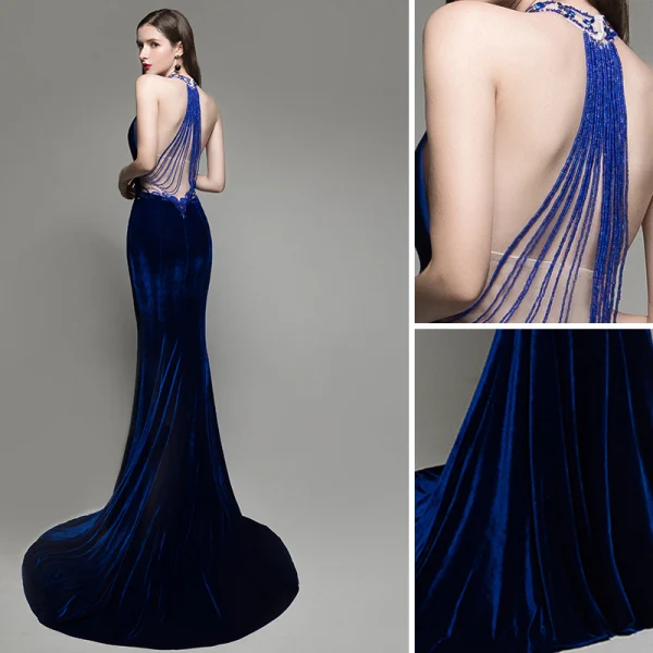 Sexy Einfarbig Königliches Blau Wildleder Abendkleider 2020 Meerjungfrau Neckholder Perlenstickerei Strass Ärmellos Rückenfreies Sweep / Pinsel Zug Festliche Kleider