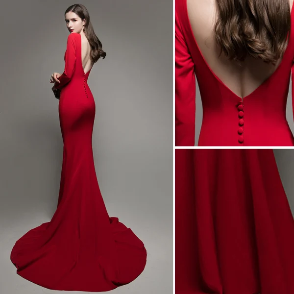 Chic Couleur Unie Rouge Robe De Soirée 2020 Trompette / Sirène Encolure Carrée Manches Longues Dos Nu Train De Balayage Robe De Ceremonie