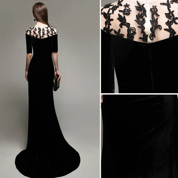 Elegant Modest / Simple Black Evening Dresses 2020 Trumpet / Mermaid Suede Scoop Neck Lace Flower 1/2 Sleeves Sweep Train Formal Dresses
