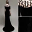 Elegant Modest / Simple Black Evening Dresses  2020 Trumpet / Mermaid Suede Scoop Neck Lace Flower 1/2 Sleeves Sweep Train Formal Dresses