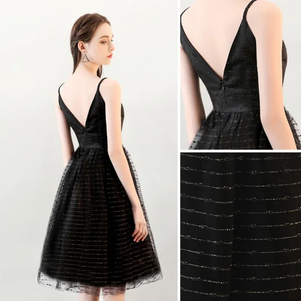Modest / Simple Glitter Black Gold Homecoming Graduation Dresses 2018 A-Line / Princess Spaghetti Straps Backless Sleeveless Short Prom Dresses