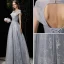 Élégant Gris Robe De Soirée 2020 Princesse Encolure Dégagée Perlage Paillettes En Dentelle Fleur Manches Courtes Dos Nu Longue Robe De Ceremonie