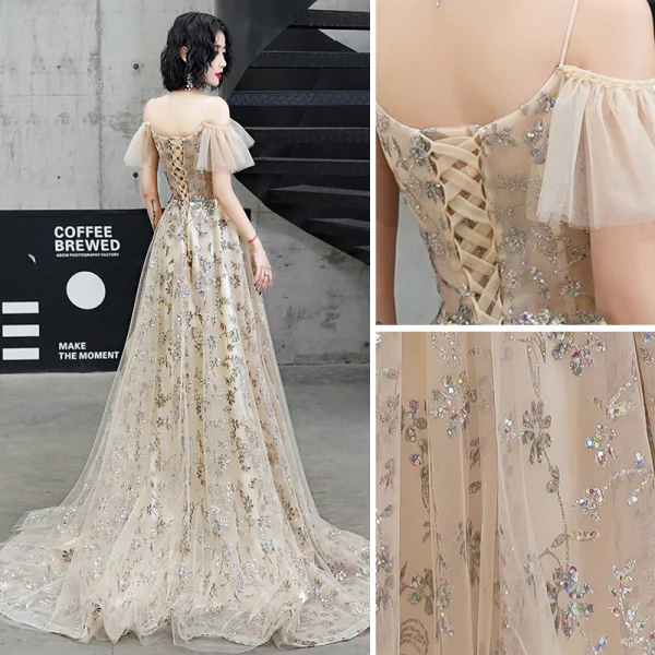 Charmant Champagne Robe De Soirée 2020 Princesse Bretelles Spaghetti Perlage Paillettes En Dentelle Fleur Manches Courtes Dos Nu Train De Balayage Robe De Ceremonie