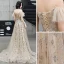 Charmant Champagne Robe De Soirée 2020 Princesse Bretelles Spaghetti Perlage Paillettes En Dentelle Fleur Manches Courtes Dos Nu Train De Balayage Robe De Ceremonie