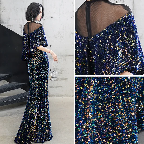 Scintillantes Multi-Couleurs Robe De Soirée 2020 Trompette / Sirène Paillettes Encolure Dégagée 3/4 Manches Longue Robe De Ceremonie