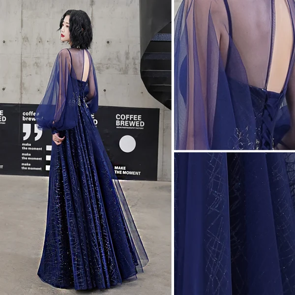 Classy Royal Blue Evening Dresses  2020 A-Line / Princess High Neck Sequins Lace Flower Long Sleeve Backless Floor-Length / Long Formal Dresses