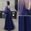 Classy Royal Blue Evening Dresses  2020 A-Line / Princess High Neck Sequins Lace Flower Long Sleeve Backless Floor-Length / Long Formal Dresses