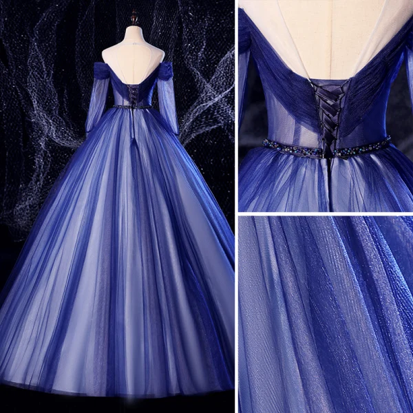 Elegant Navy Blue Prom Dresses 2020 Ball Gown Scoop Neck Beading Pearl Lace Flower 3/4 Sleeve Backless Floor-Length / Long Formal Dresses