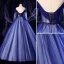 Elegant Navy Blue Prom Dresses 2020 Ball Gown Scoop Neck Beading Pearl Lace Flower 3/4 Sleeve Backless Floor-Length / Long Formal Dresses