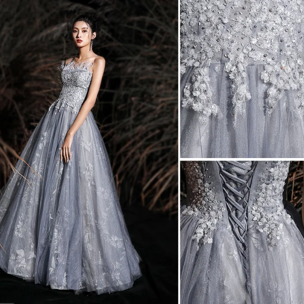Charmant Gris Robe De Bal 2020 Princesse Bustier Gland En Dentelle Fleur Paillettes Sans Manches Dos Nu Longue Robe De Ceremonie