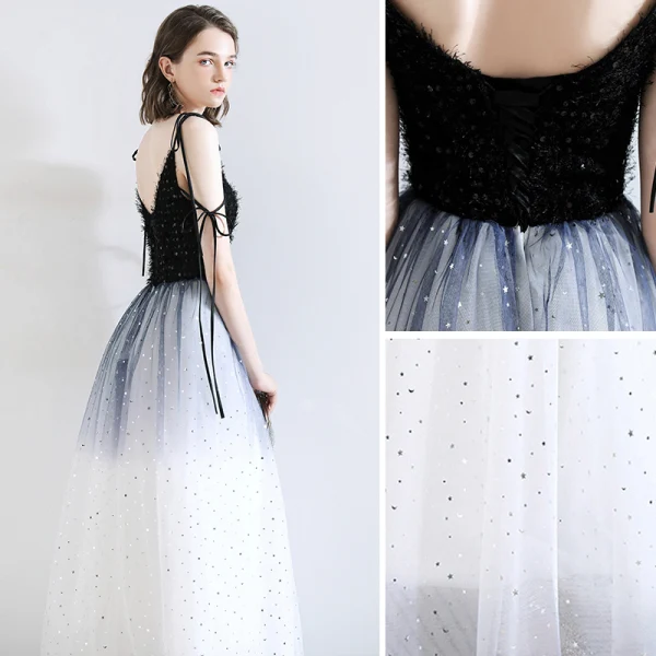 Fashion Ocean Blue Evening Dresses 2020 A-Line / Princess Spaghetti Straps Tassel Star Sequins Sleeveless Backless Floor-Length / Long Formal Dresses
