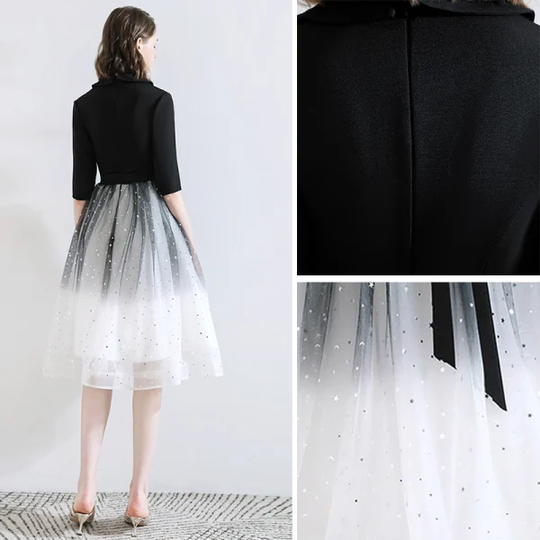 Chic / Beautiful Black Homecoming Graduation Dresses 2020 A-Line / Princess V-Neck Star Sequins Bow 1/2 Sleeves Knee-Length Formal Dresses