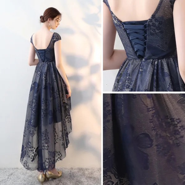 Élégant Bleu Marine Robe De Cocktail 2018 Princesse Dentelle Encolure Dégagée Dos Nu Asymétrique Robe De Ceremonie