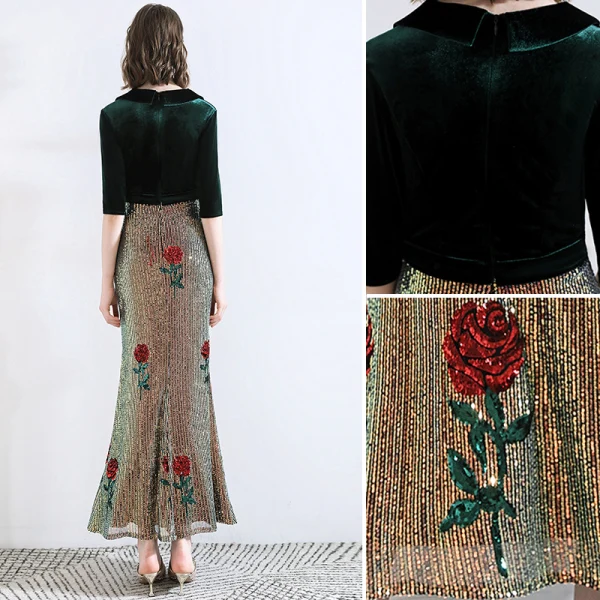 Classic Dark Green Evening Dresses 2020 Trumpet / Mermaid Suede V-Neck Sequins 1/2 Sleeves Ankle Length Formal Dresses