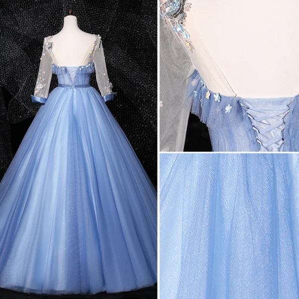 Flower Fairy Sky Blue Fairytale Prom Dresses 2020 Ball Gown Scoop Neck Appliques Rhinestone Lace Flower Bow 3/4 Sleeve Backless Floor-Length / Long