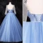 Flower Fairy Sky Blue Fairytale Prom Dresses 2020 Ball Gown Scoop Neck Appliques Rhinestone Lace Flower Bow 3/4 Sleeve Backless Floor-Length / Long