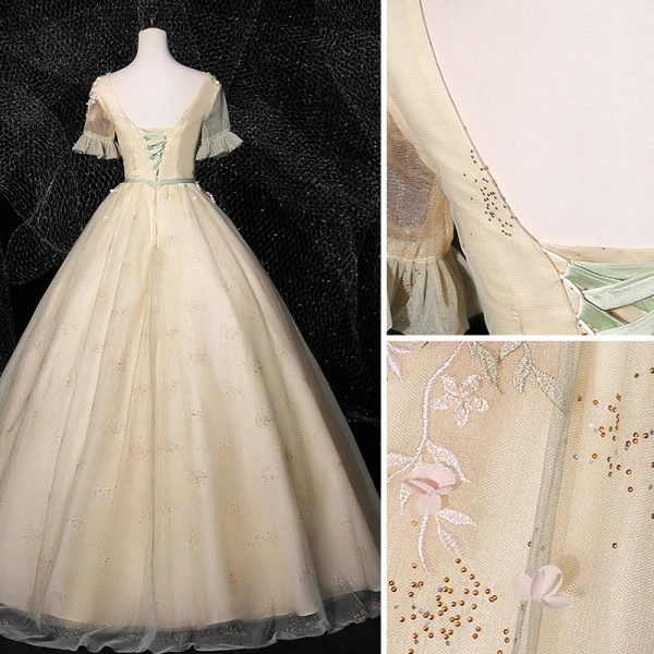 Élégant Conte de fée Champagne Robe De Bal 2020 Robe Boule Encolure Dégagée Faux Diamant En Dentelle Fleur Appliques Manches Courtes Dos Nu Longue Robe De Ceremonie