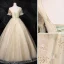 Élégant Conte de fée Champagne Robe De Bal 2020 Robe Boule Encolure Dégagée Faux Diamant En Dentelle Fleur Appliques Manches Courtes Dos Nu Longue Robe De Ceremonie