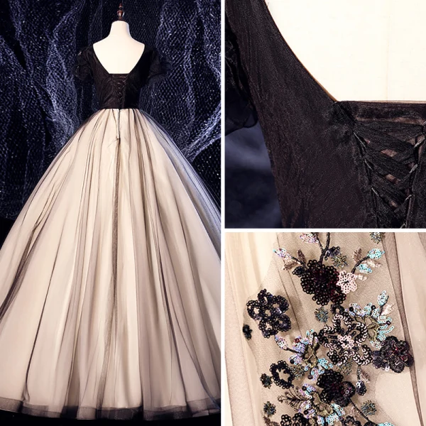 Elegant Black Prom Dresses 2020 Ball Gown Suede Scoop Neck Lace Flower Sequins Rhinestone Short Sleeve Backless Floor-Length / Long Formal Dresses