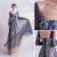 Vintage / Retro Navy Blue Prom Dresses 2020 A-Line / Princess Square Neckline Glitter Lace Flower Rhinestone Long Sleeve Backless Floor-Length / Long Formal Dresses