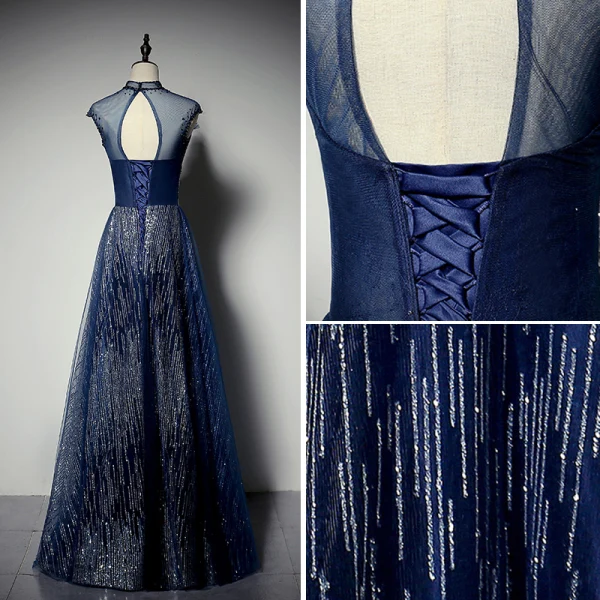 Glitzernden Marineblau Pailletten Abendkleider 2020 A Linie Stehkragen Strass Ärmellos Rückenfreies Lange Festliche Kleider
