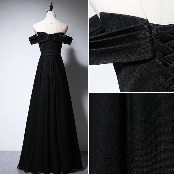 Elegant Black Evening Dresses 2020 A-Line / Princess Scoop Neck Beading Short Sleeve Backless Floor-Length / Long Formal Dresses