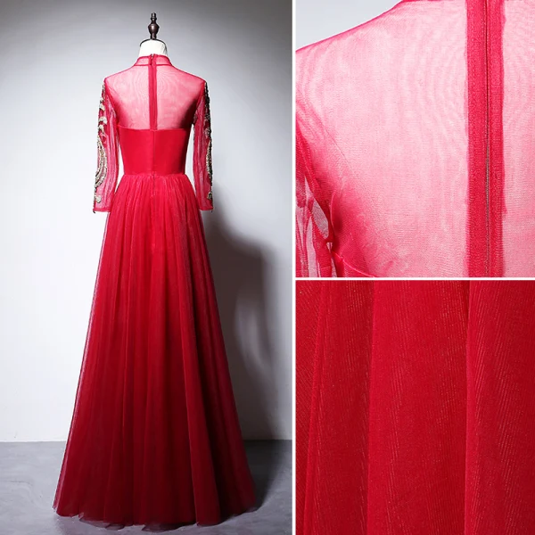 Chinese style Red Evening Dresses 2020 A-Line / Princess High Neck Beading Rhinestone Sequins Long Sleeve Floor-Length / Long Formal Dresses