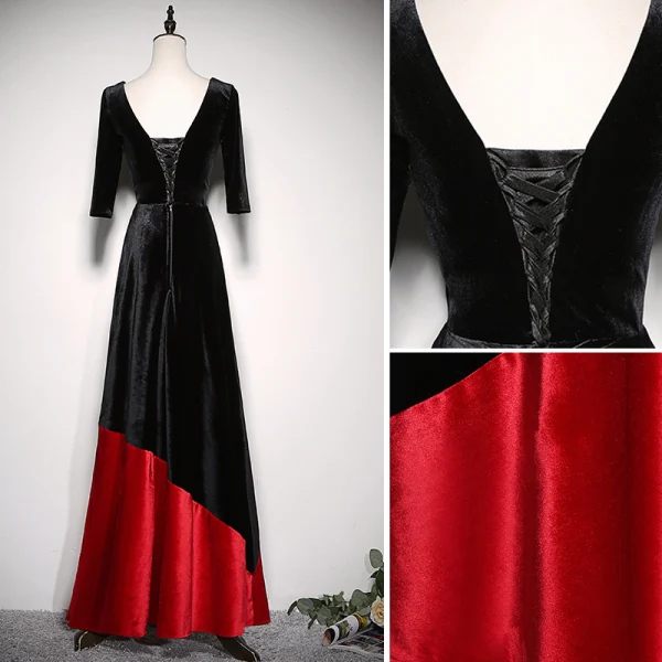 Chic / Beautiful Two Tone Evening Dresses 2020 A-Line / Princess Suede Square Neckline 1/2 Sleeves Backless Floor-Length / Long Formal Dresses