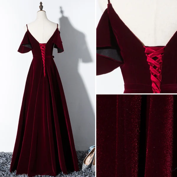 Modest / Simple Burgundy Evening Dresses  2020 A-Line / Princess Spaghetti Straps Suede Bow Short Sleeve Backless Floor-Length / Long Formal Dresses