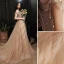 Charmant Champagner Ballkleider 2021 A Linie Off Shoulder Perlenstickerei Strass Pailletten Kurze Ärmel Rückenfreies Lange Festliche Kleider