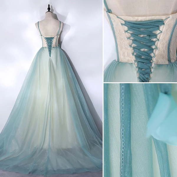 Classy Mint Green Prom Dresses 2021 A-Line / Princess Spaghetti Straps Appliques Lace Flower Sleeveless Backless Floor-Length / Long Prom Formal Dresses