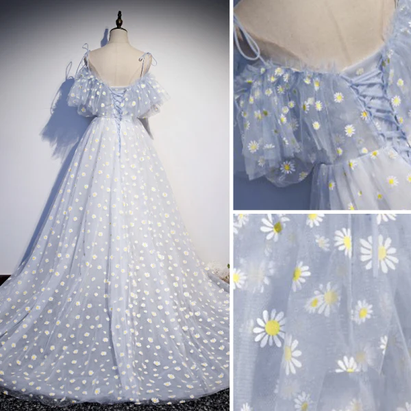 Fashion Sky Blue Flower Fairy Daisy Floral Prom Dresses 2021 A-Line / Princess Spaghetti Straps Short Sleeve Backless Sweep Train Prom Formal Dresses