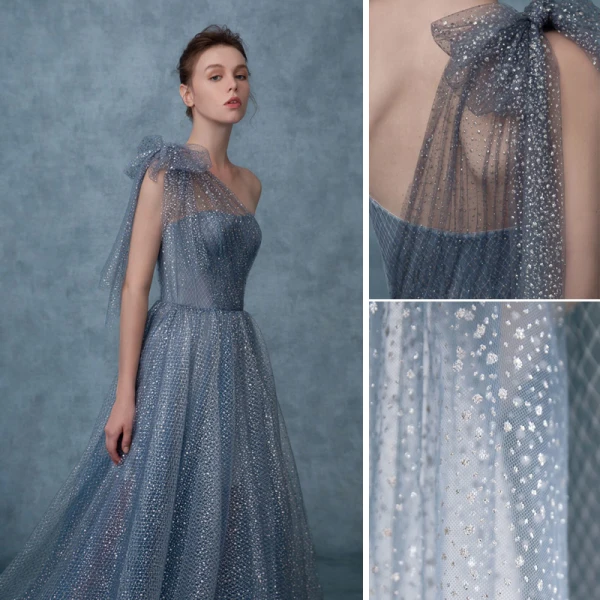 Bling Bling Mode Bleu Ciel Glitter Robe De Bal 2021 Princesse Une épaule Perle Paillettes Ceinture Manches Courtes Dos Nu Longue Promo Robe De Ceremonie