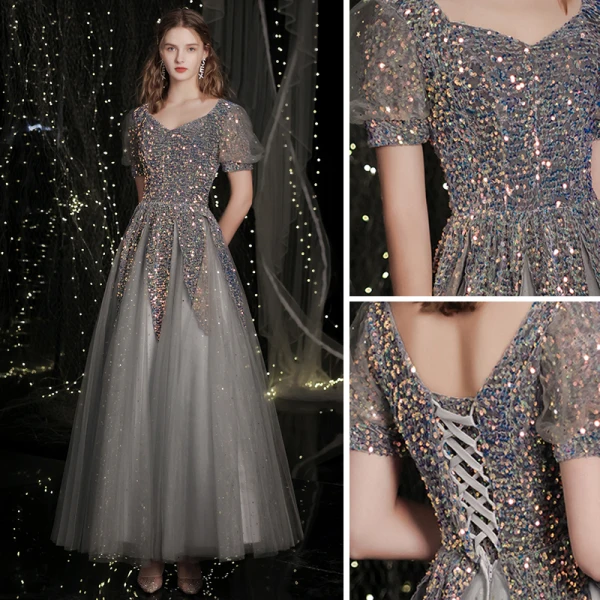 Scintillantes Gris Paillettes Robe De Bal 2021 Princesse Encolure Carrée Manches Courtes Dos Nu Longue Promo Robe De Ceremonie