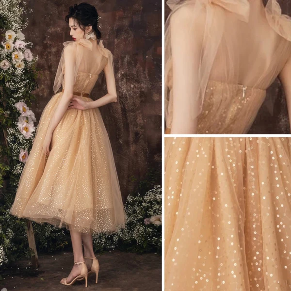 Chic / Beautiful Champagne Sequins Homecoming Graduation Dresses 2021 A-Line / Princess V-Neck Sleeveless Sash Tea-length Formal Dresses