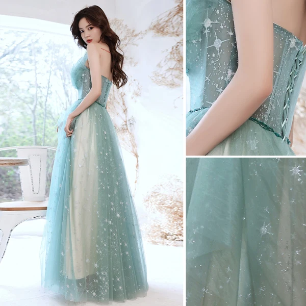 Elegant Mint Green Glitter Prom Dresses 2021 A-Line / Princess Strapless Beading Lace Sleeveless Backless Floor-Length / Long Prom Formal Dresses