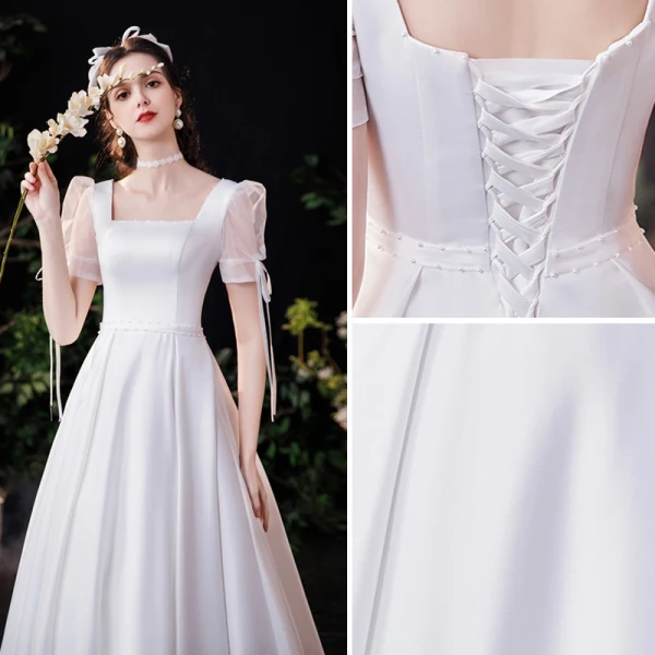 Schlicht Elegante Ivory / Creme Satin Brautkleider / Hochzeitskleider A Linie 2021 Eckiger Ausschnitt Kurze Ärmel Rückenfreies Lange Hochzeit