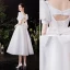 Vintage Schlicht Ivory / Creme Satin Brautkleider / Hochzeitskleider 2021 A Linie Eckiger Ausschnitt Kurze Ärmel Rückenfreies Schleife Wadenlang Hochzeit