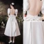 Schlicht Vintage Ivory / Creme Satin Brautkleider / Hochzeitskleider 2021 A Linie Eckiger Ausschnitt Kurze Ärmel Rückenfreies Schleife Wadenlang Hochzeit